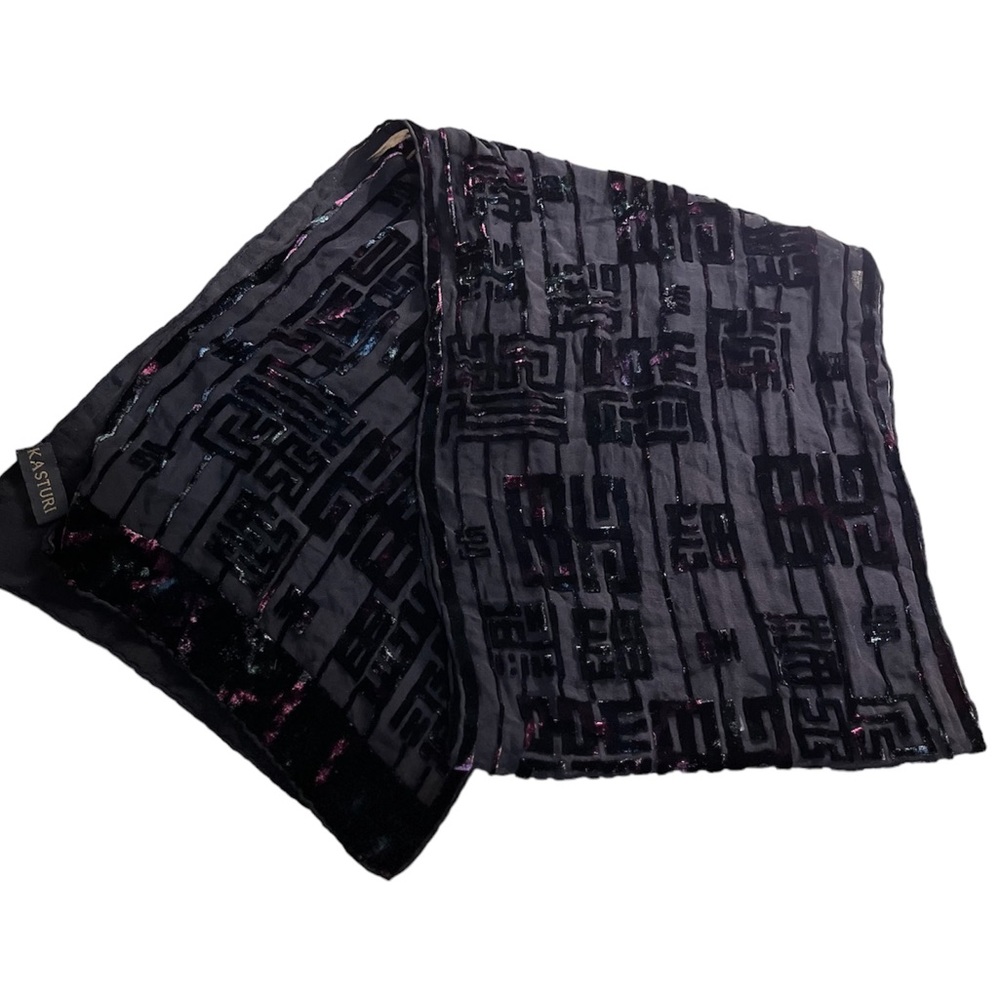 100% Silk Scarf From Kasuri Geometric Velvet Sheer